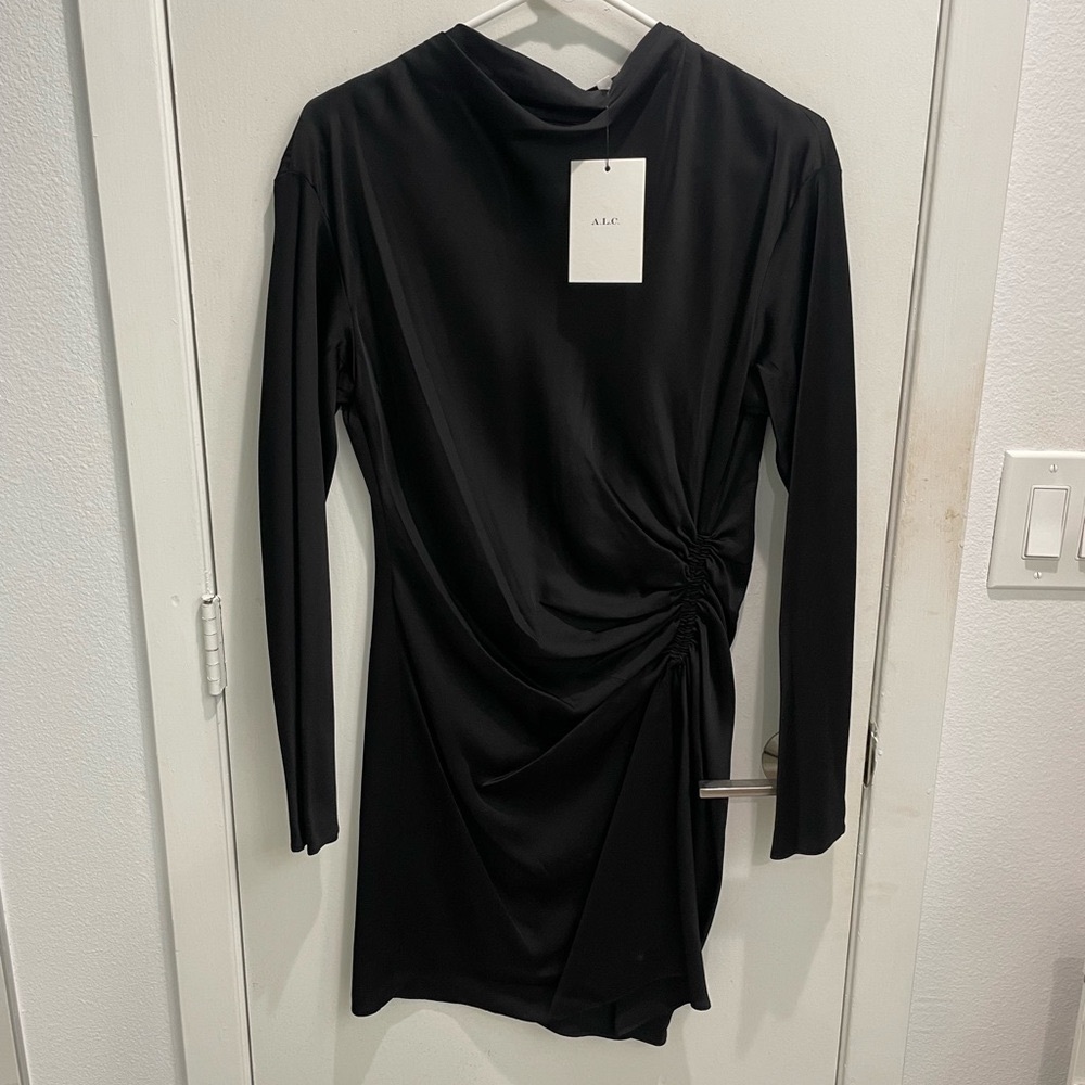 A.L.C. Georgia Satin Mini Dress Black Long Sleeve Ruched Size 4 NWT